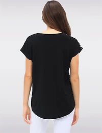 Black & White Abstract Print Tunic with Cap Sleeves and Rounded Hem by Vamp