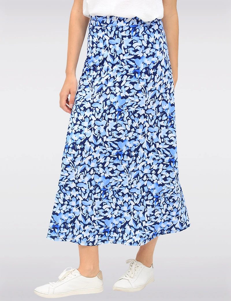 Stretch Floral Printed Pull-On Maxi Skirt with A-Line Silhouette by Vamp