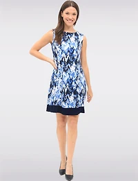 Abstract Print Sleeveless A-Line Dress with Round Neck & Contrast Hem by Vamp