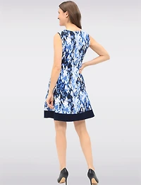 Abstract Print Sleeveless A-Line Dress with Round Neck & Contrast Hem by Vamp