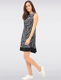 Sleeveless A-line Dress with Black & White Abstract Print Contrast Hem by Vamp
