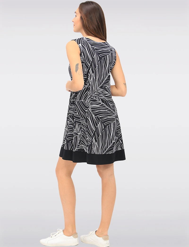 Sleeveless A-line Dress with Black & White Abstract Print Contrast Hem by Vamp