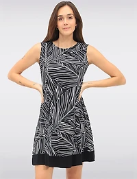 Sleeveless A-line Dress with Black & White Abstract Print Contrast Hem by Vamp