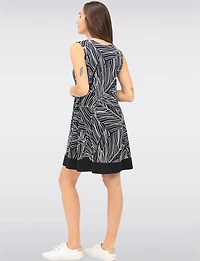 Sleeveless A-line Dress with Black & White Abstract Print Contrast Hem by Vamp