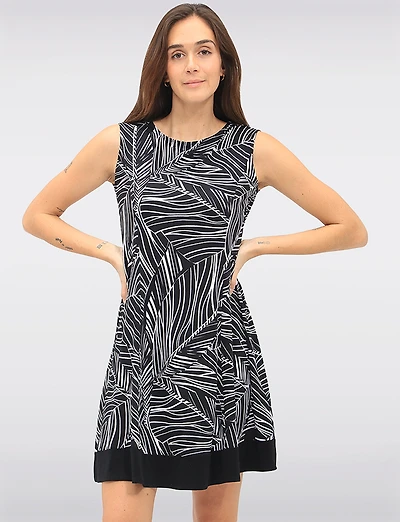 Sleeveless A-line Dress with Black & White Abstract Print Contrast Hem by Vamp
