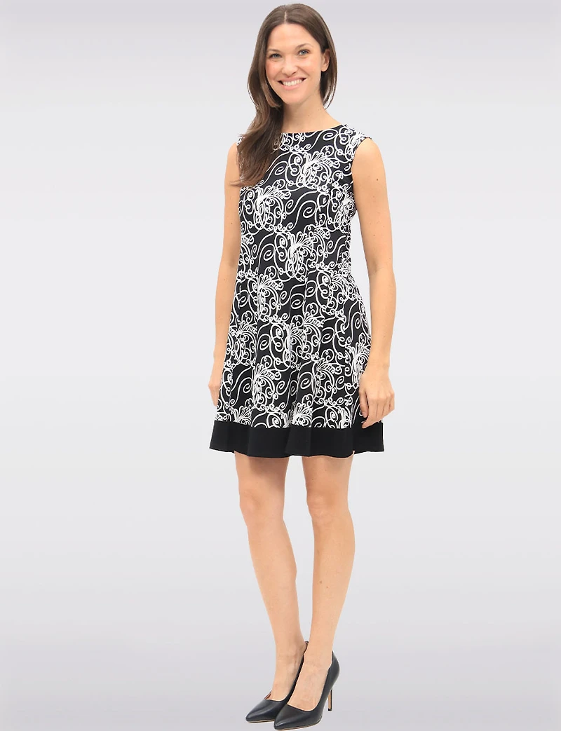 Black and White Abstract Print Sleeveless Dress with Contrast Hem by VAMP