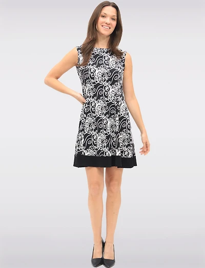 Black and White Abstract Print Sleeveless Dress with Contrast Hem by VAMP