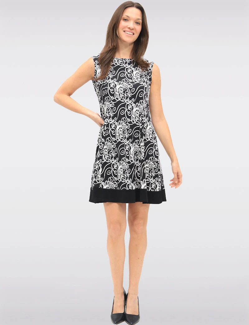 Black and White Abstract Print Sleeveless Dress with Contrast Hem by VAMP