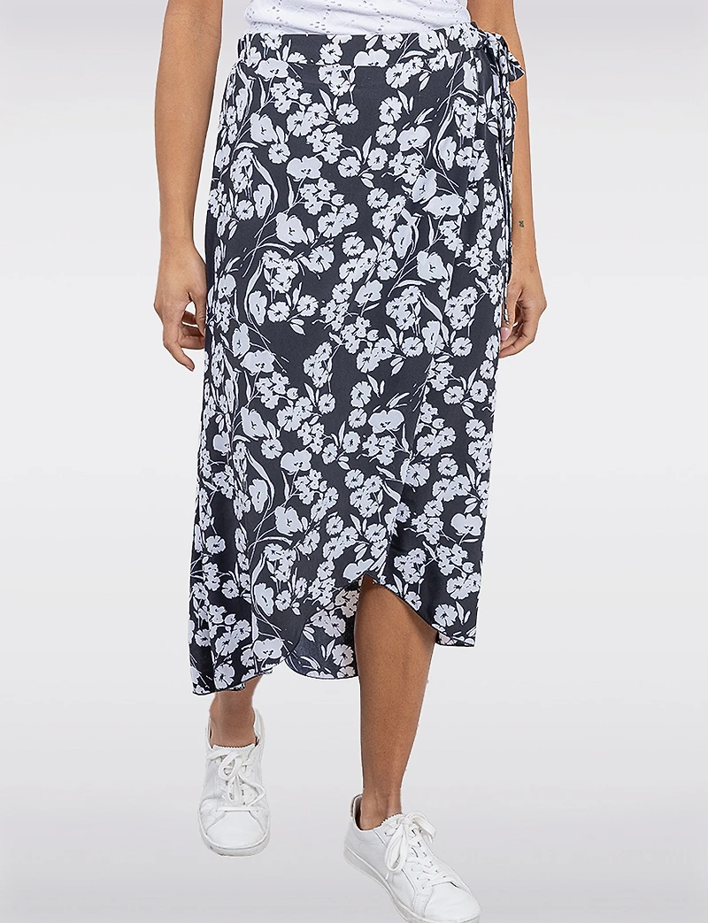 Chic Floral Black & White Faux Wrap Skirt with Side Tie by Vamp