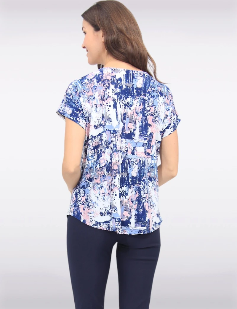 Paint Print Stretchy Cap Sleeves Round Neck Tunic By Vamp