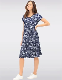 Navy Floral Printed A-Line Dress with Short Sleeves & Round Neck by Vamp