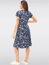 Navy Floral Printed A-Line Dress with Short Sleeves & Round Neck by Vamp