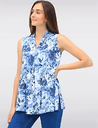 Elegant Draped Floral Sleeveless V-Neck Front Pleat Blouse by Vamp