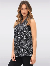 Black & White Sleeveless Abstract Floral Print V-Neck Front Pleat Blouse by Vamp