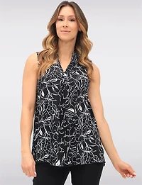 Black & White Sleeveless Abstract Floral Print V-Neck Front Pleat Blouse by Vamp