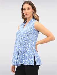 Floral Sleeveless Stretch Blouse with Front Pleat Side Slits & V-Neck by Vamp