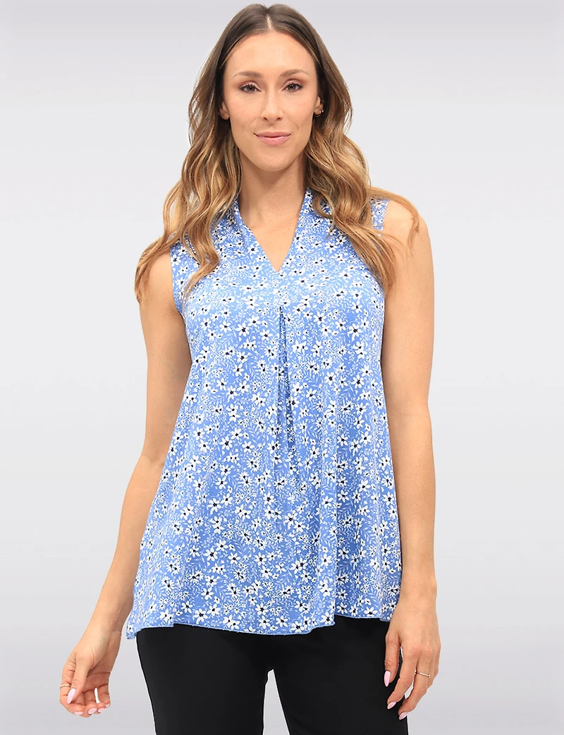 Floral Sleeveless Stretch Blouse with Front Pleat Side Slits & V-Neck by Vamp