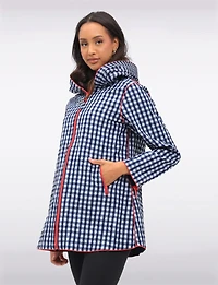 Loose Fit Reversible Gingham & Navy Pleated Hood Zip Front Raincoat by UBU