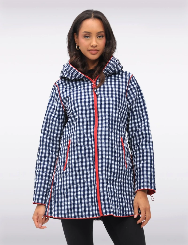 Loose Fit Reversible Gingham & Navy Pleated Hood Zip Front Raincoat by UBU