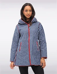 Loose Fit Reversible Gingham & Navy Pleated Hood Zip Front Raincoat by UBU