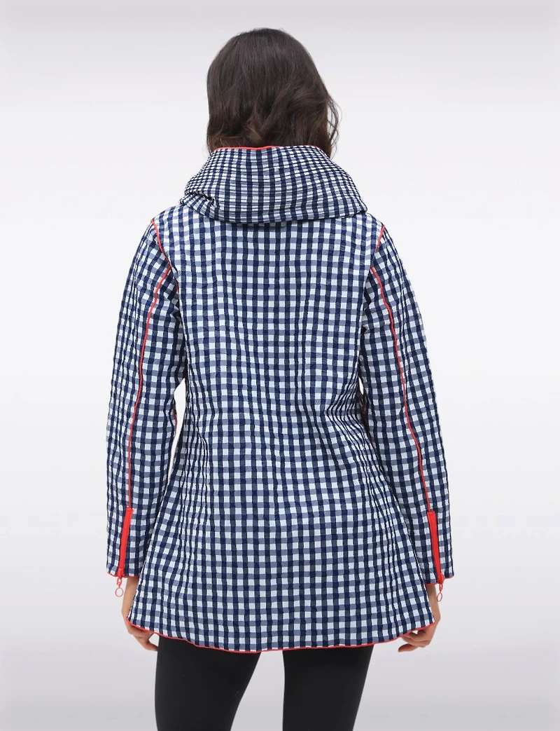 Loose Fit Reversible Gingham & Navy Pleated Hood Zip Front Raincoat by UBU