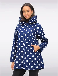 Loose Fit Reversible Polka Dot & Navy Pleated Hood Zip Front Raincoat by UBU