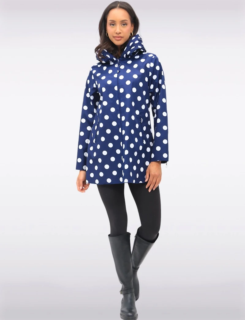 Loose Fit Reversible Polka Dot & Navy Pleated Hood Zip Front Raincoat by UBU