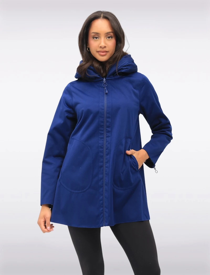 Loose Fit Reversible Polka Dot & Navy Pleated Hood Zip Front Raincoat by UBU