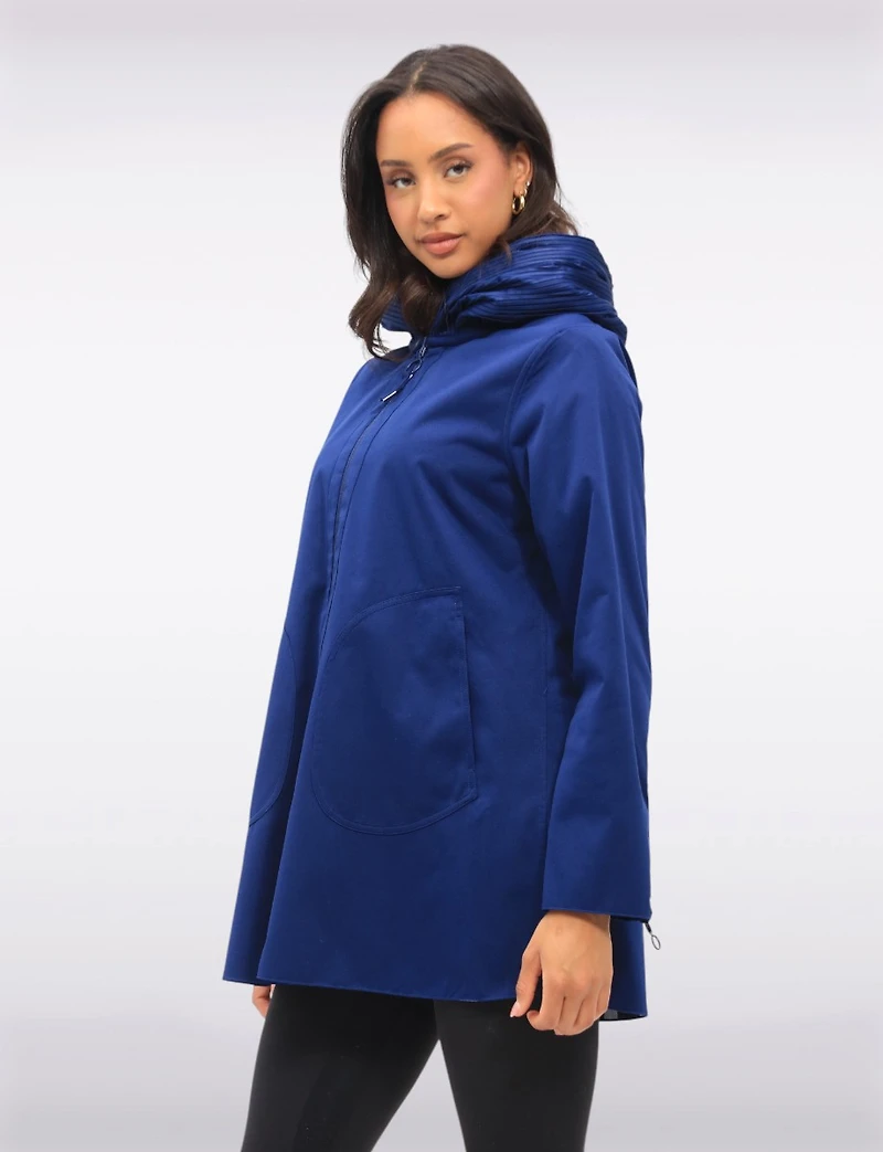 Loose Fit Reversible Polka Dot & Navy Pleated Hood Zip Front Raincoat by UBU