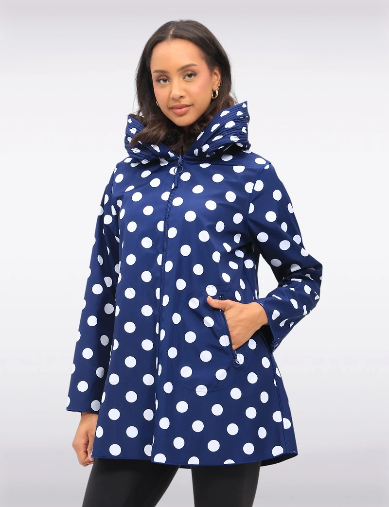 Loose Fit Reversible Polka Dot & Navy Pleated Hood Zip Front Raincoat by UBU