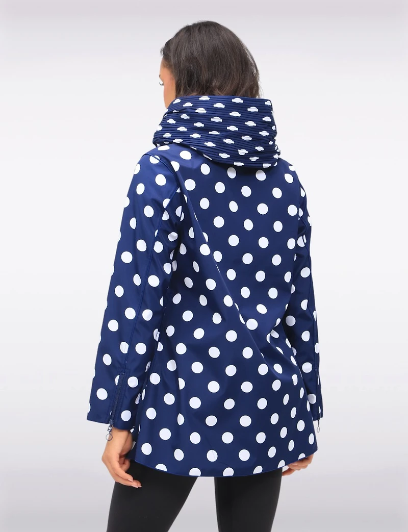 Loose Fit Reversible Polka Dot & Navy Pleated Hood Zip Front Raincoat by UBU