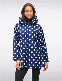 Loose Fit Reversible Polka Dot & Navy Pleated Hood Zip Front Raincoat by UBU