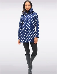 Loose Fit Reversible Polka Dot & Navy Pleated Hood Zip Front Raincoat by UBU