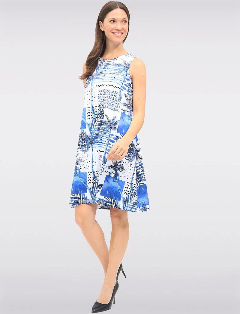 Tropical Print Sleeveless Back Keyhole Stretch Dress with Pockets by Tango Mango