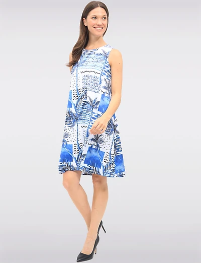 Tropical Print Sleeveless Back Keyhole Stretch Dress with Pockets by Tango Mango
