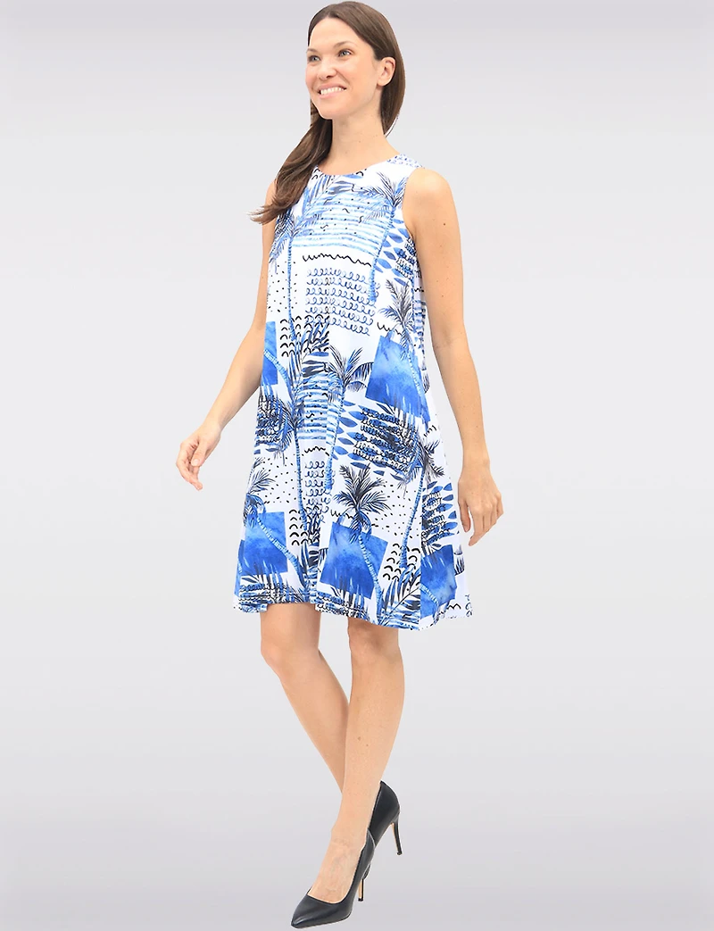 Tropical Print Sleeveless Back Keyhole Stretch Dress with Pockets by Tango Mango