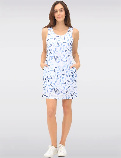 Sleeveless Blue Leaves Print Dress with Button Accents & Pockets by Tango Mango
