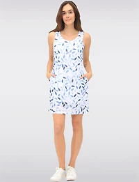 Sleeveless Blue Leaves Print Dress with Button Accents & Pockets by Tango Mango