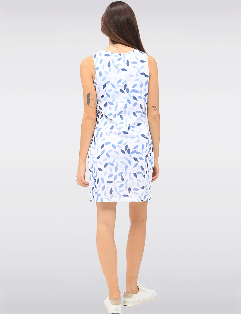 Sleeveless Blue Leaves Print Dress with Button Accents & Pockets by Tango Mango