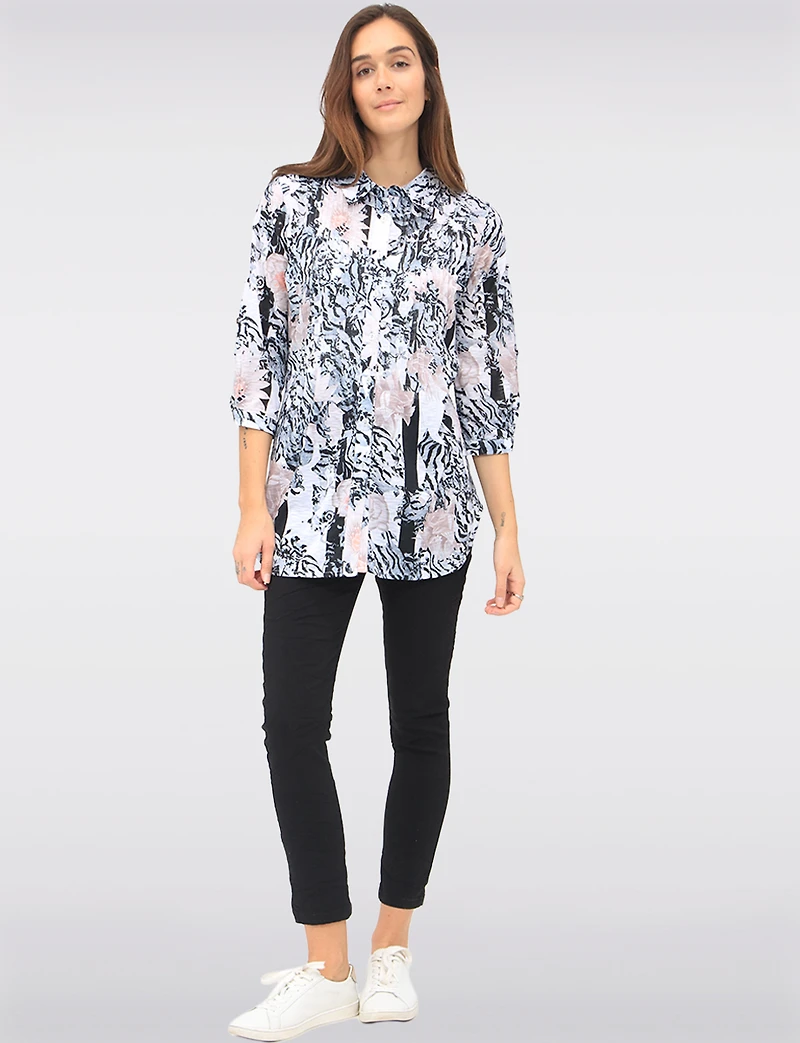 Printed 3/4 Sleeve Button-Down Shirt with Stitching Details by Tango Mango