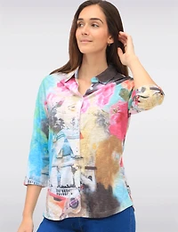 Multi-Color Printed Sheer Blouse With Adjustable 3/4 Sleeves by Tango Mango