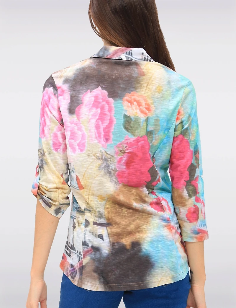 Multi-Color Printed Sheer Blouse With Adjustable 3/4 Sleeves by Tango Mango