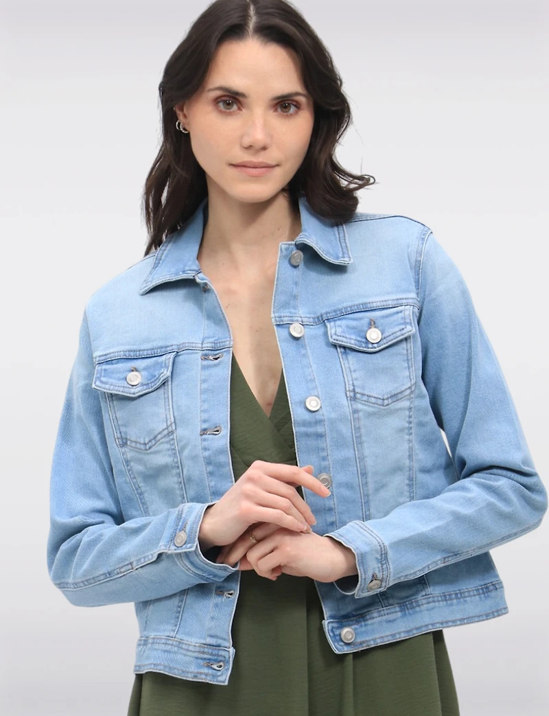 Modern Stretch Cotton Light Wash Denim Jean Jacket by Baccini