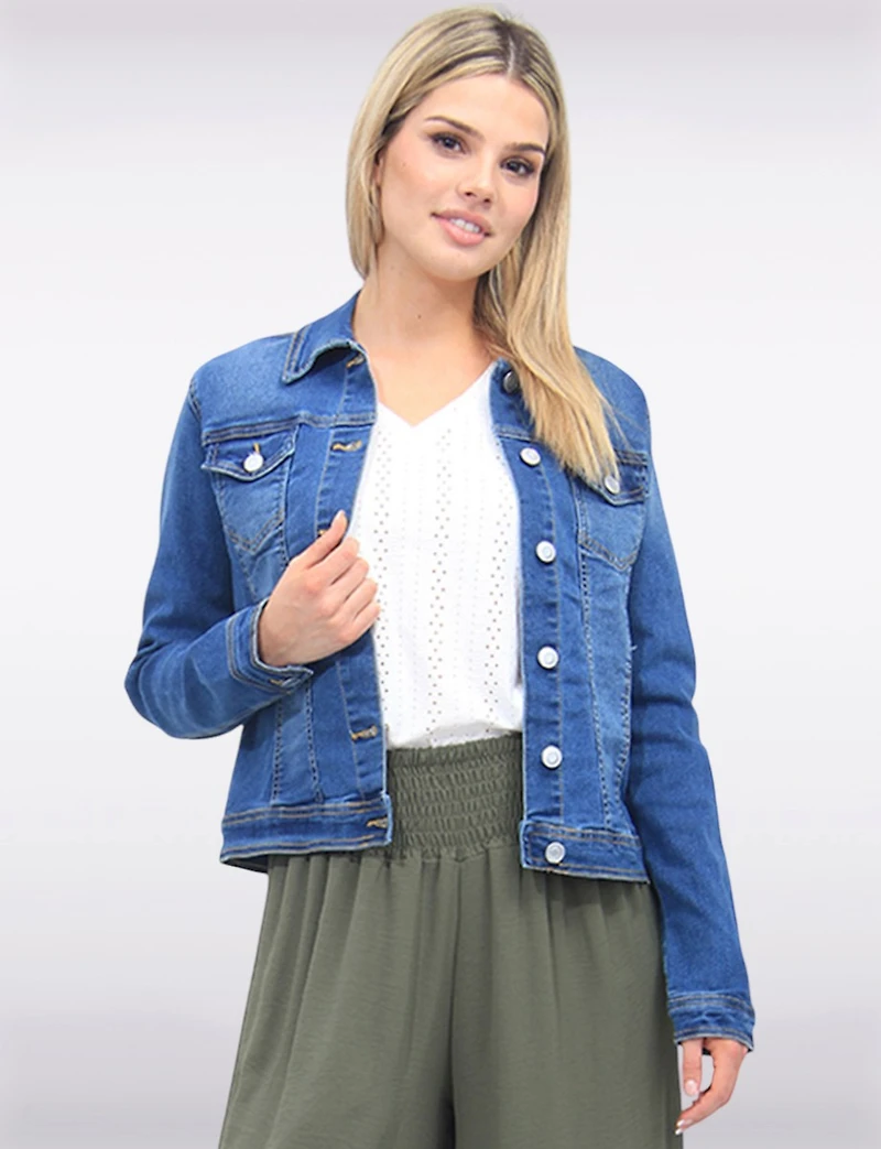 Classic Cotton Stretch Mid-Tone Denim Wash Cropped Jean Jacket by Baccini