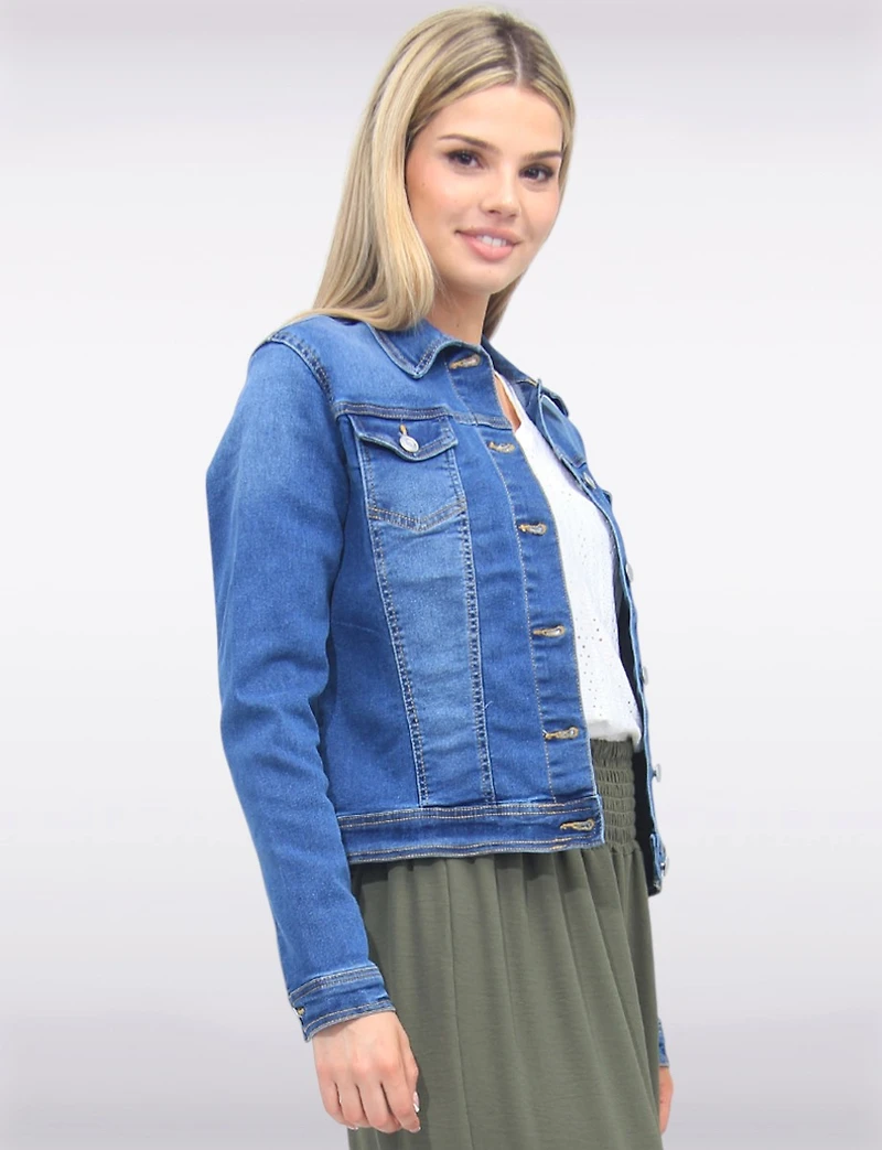 Classic Cotton Stretch Mid-Tone Denim Wash Cropped Jean Jacket by Baccini