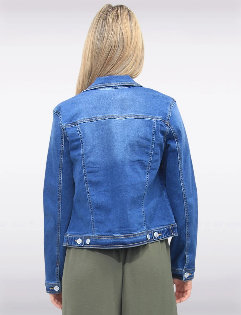 Classic Cotton Stretch Mid-Tone Denim Wash Cropped Jean Jacket by Baccini