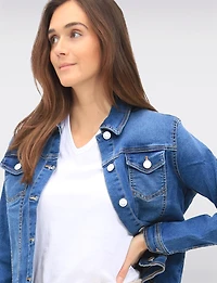 Classic Cotton Stretch Mid-Tone Denim Wash Cropped Jean Jacket by Baccini