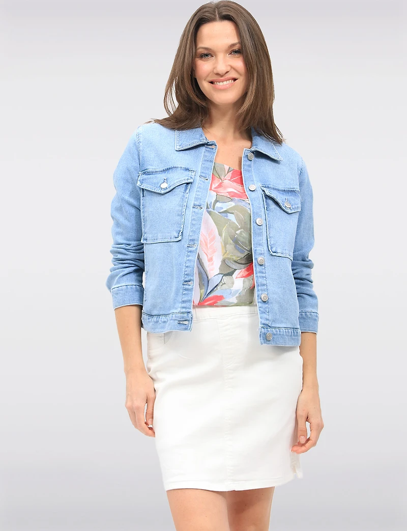 Light Wash Stretch Denim Jean Jacket with Utility Patch Pockets by Baccini