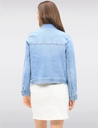 Light Wash Stretch Denim Jean Jacket with Utility Patch Pockets by Baccini