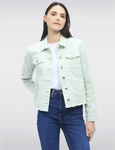 Classic Stretch Cotton Colored Denim Jean Jacket with Frayed Hem by Baccini